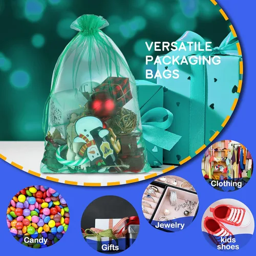 Vista 6 de Funtery - 200 bolsas grandes de organza multicolor, bolsas de regalo con cordón transparente de 8 x 12 pulgadas, bolsas de malla reutilizables
