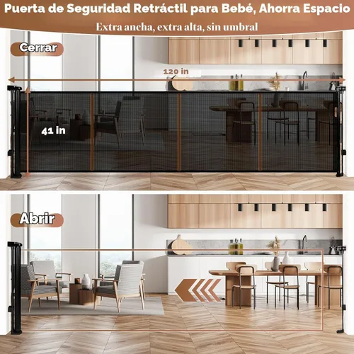 Vista 3 de Puerta retráctil para bebés de 120" extra ancha, puerta retráctil para perros de 41" de altura para escaleras, puertas, terrazas, puerta de malla