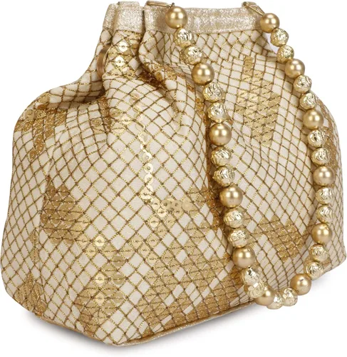 Vista 2 de Bolso Potli de seda bordado de diseño étnico indio con perlas de Batwa