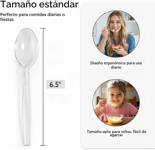 Vista 2 de [100 unidades] Cucharas de plástico transparente resistentes, cucharas desechables de alta calidad, cubiertos de plástico duraderos para fiestas