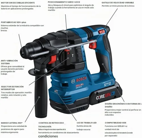 Vista 2 de Bosch GBH18V-22K24 Kit de martillo giratorio sin escobillas SDS-plus® Bulldog™ de ¾ pulgadas de 18V con (2) baterías de alimentación avanzada