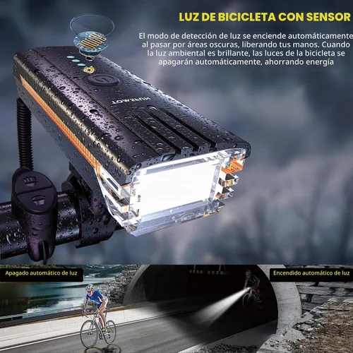 Vista 3 de Luces de bicicleta recargables USB-C ultra brillantes con bocina electrónica, faros de bicicleta con haz alto y bajo, 4 luces de bicicleta de modo