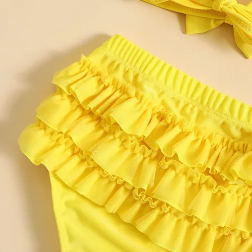 Vista 9 de Yccutest Traje de baño de flores para bebé, 3 piezas, parte superior triangular, parte inferior con volantes, sombrero para el sol, conjunto