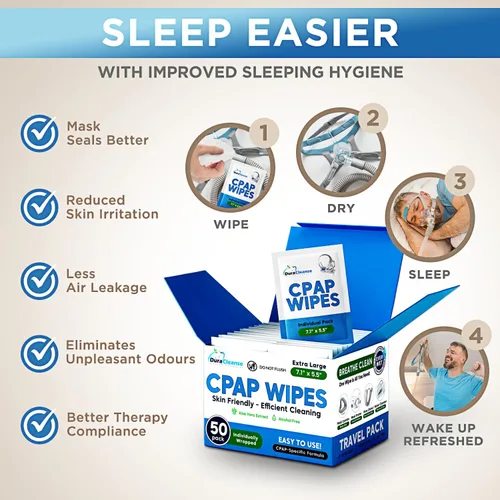 Vista 6 de Dura Cleanse Toallitas de limpieza extra grandes y extra húmedas para cara completa, máscaras nasales, 50 toallitas de viaje CPAP, limpiador sin