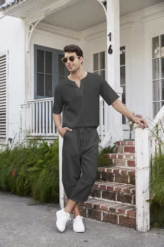 Vista 2 de COOFANDY Conjunto de 2 piezas de lino para hombre camisa Henley de manga corta y pantalones capri harén de pierna ancha pantalones de yoga