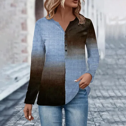 Vista 3 de Sudaderas de manga larga para mujer, cuello en V, con estampado de botones, cómoda, casual, a la moda, túnica para otoño