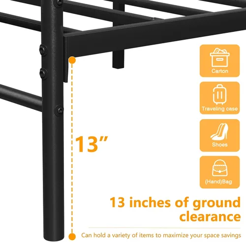 Vista 8 de VECELO Base de cama de plataforma de metal tamaño individual con cabecera y estribo, base de colchón de soporte de listones resistentes, no necesita