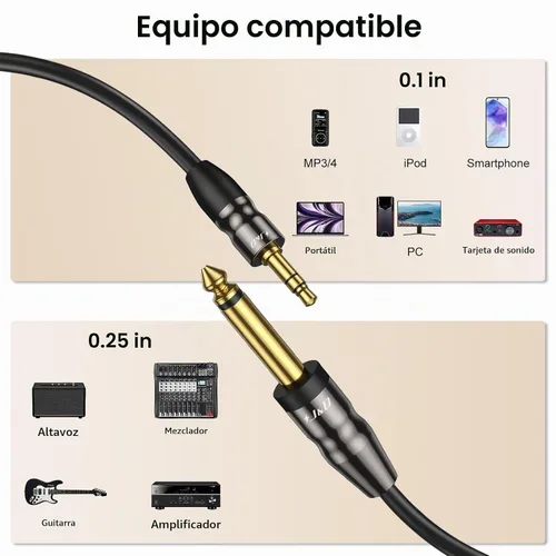 Vista 3 de J&D Cable de audio estéreo de 0.138 in a 0.250 in de 6.5 pies, cable de 1/8 a 1/4, 0.138 in TRS macho a 1/4 macho mono interconexión estéreo Aux