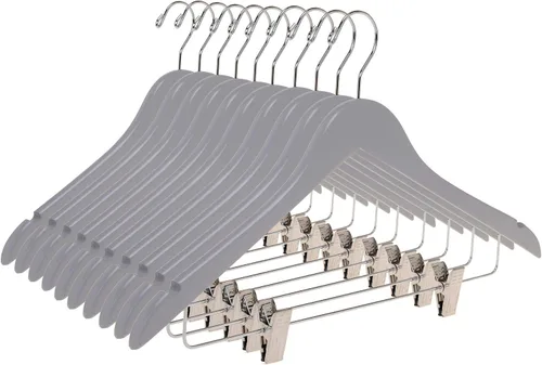 Vista 20 de Perchas de madera de calidad para faldas con clips, paquete de 10 perchas lisas de madera maciza para pantalones con clips de metal ajustables