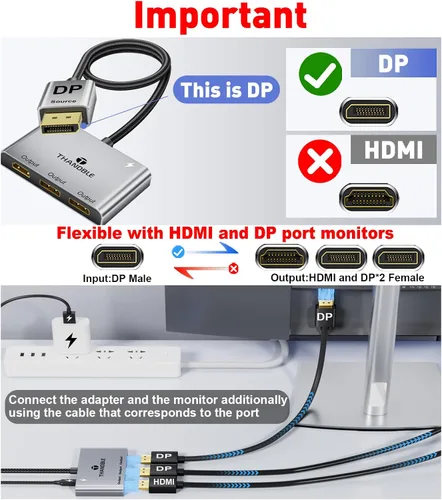 Vista 2 de DisplayPort a Dual DisplayPort con adaptador HDMI 4K a 60Hz, pantalla extendida 1 en 3 salidas MST Hub para múltiples monitores compatible con PC
