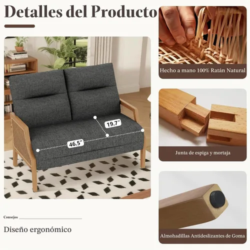 Vista 6 de HAOBO Home Sofá pequeño de dos plazas, mini sofá tapizado con brazos de ratán, sofá pequeño de lino para sala de estar, comedor y dormitorio