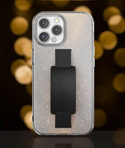 Vista 6 de ENCASED Funda con lazo para los dedos, diseñada para iPhone 15 Pro Max (2023), funda transparente con correa de mano brillante con soporte
