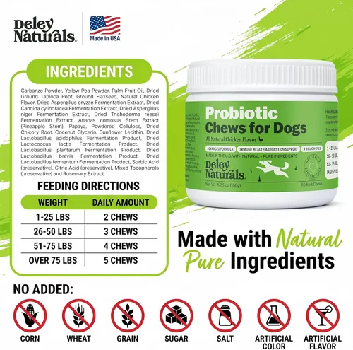 Vista 5 de Deley Naturals Probióticos masticables para perros – 4 mil millones de UFC probióticos para perros, prebióticos, enzimas para la digestión
