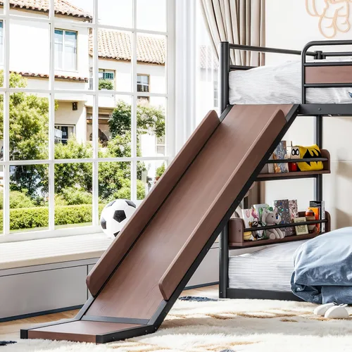 Vista 7 de Polibi Twin Metal Loft Bunk Bed with Basketball Hoop, Slide, Climbing Wall Loft Bed With Climbing Wall, Slide, Rings, And Bookshelves. A Fun Black