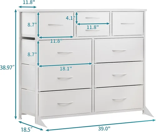 Vista 3 de LUMTOK - Cómoda de 10 cajones, cómodas de tela para dormitorio, pasillo, guardería, armarios, marco de acero, parte superior de madera, mango fácil