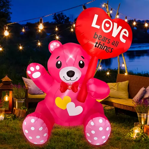 Vista 2 de SEASONBLOW Oso inflable de 4 pies para el día de San Valentín con corazón iluminado por LED, decoración para patio, césped, jardín, hogar, fiesta