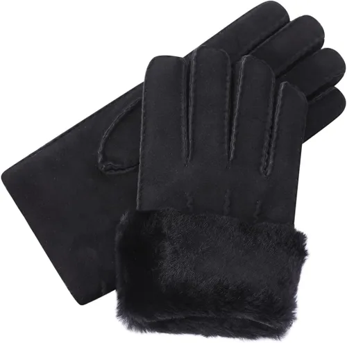 Vista 7 de Harssidanzar Guantes de cuero para hombre, puños de piel de oveja, forro de lana gruesa para invierno, clima frío, guantes de conducción KM043US
