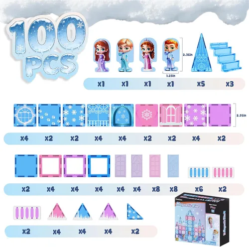 Vista 7 de GobiDex 100 azulejos magnéticos de castillo de princesa con 4 muñecas y escaleras, bloques de construcción magnéticos de princesa para niños de 3 a