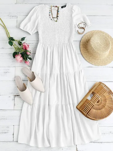 Vista 5 de ZESICA Vestido midi casual de verano para mujer, cuello redondo, manga corta abombada, cintura alta, volantes, escalonado, acampanado, para mujer