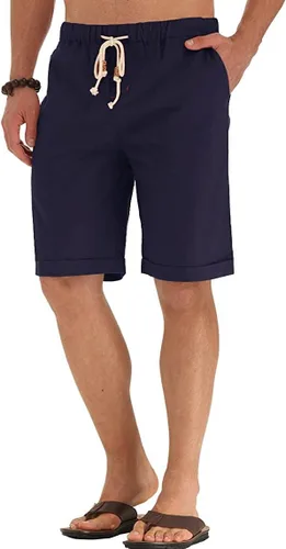 Vista 38 de Sailwind Pantalones cortos de lino para hombre, pantalones cortos casuales de playa con cordón