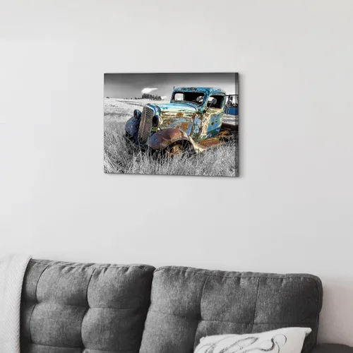Vista 5 de SunFlax Arte de Lienzo de Pared de Carro Oxidado: Obra de Arte de Camión Azul Viejo Cuadro Rústico de Automóvil Pintura Vintage de Campo Antigua