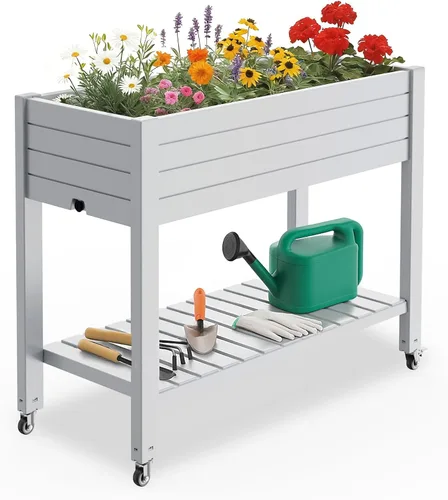 Vista 8 de PatioZen Cama de jardín elevada de 14 galones, maceta elevada de riego automático con tapón de drenaje y medidor para verduras, flores, hierbas Ashen