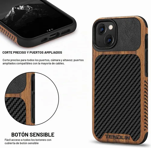 Vista 5 de TENDLIN Compatible con Funda para iPhone 13 de Grano de Madera con Textura de Fibra de Carbono Diseño Híbrido de Cuero Compatible para iPhone 13