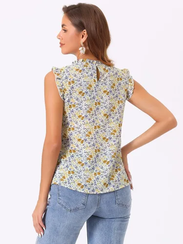 Vista 4 de Allegra K Blusa sin mangas para mujer, con volantes, para oficina, negocios, estilo vintage de los años 50, blusas florales
