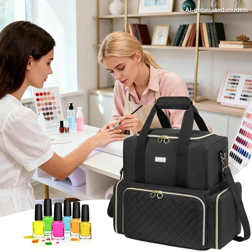 Vista 8 de Organizador de esmalte de uñas con capacidad para 80 botellas y una lámpara de uñas, estuche de transporte de esmalte de uñas con 2 bolsas Negro