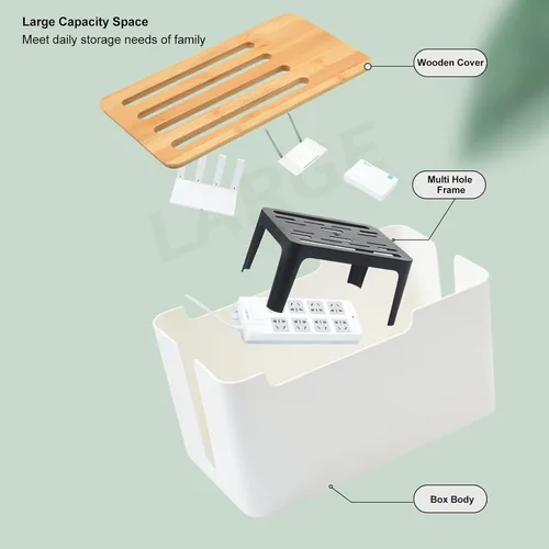 Vista 3 de Caja de almacenamiento de enrutador, regleta de alimentación y organizador de cables, estante de enrutador de madera, cubierta de enrutador