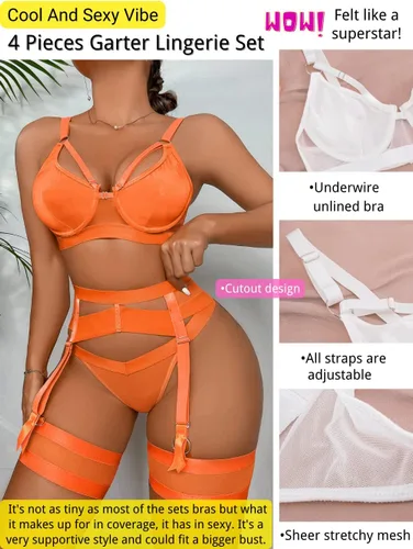 Vista 2 de Kaei&Shi - Lencería con liguero para mujer, conjunto de encaje traslúcido y sexy de 4 piezas combinadas