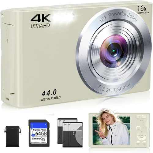 Vista 15 de Cámara digital 4K, cámara digital compacta digital de enfoque automático, zoom digital de 16X, cámara de viaje mejorada con tarjeta SD de 64 GB, 2