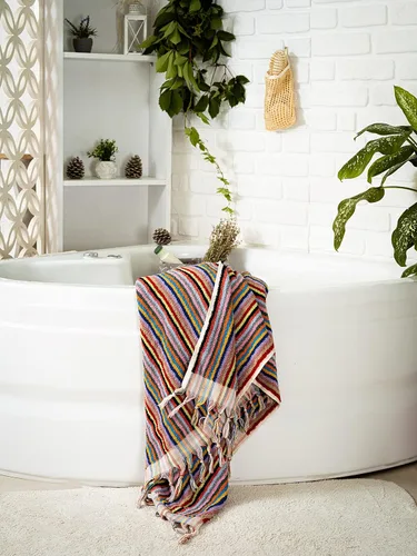 Vista 2 de Toallas de mano y baño a rayas para baño, de gran tamaño, 17 x 35 pulgadas, juego de 2 toallas de mano, algodón turco orgánico, toallas de baño