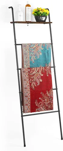 Vista 7 de Soporte de Escalera para Mantas para Sala de Estar Estilo Granja, Soporte Decorativo de Escalera con Estante de Almacenamiento, Perchero de Pared