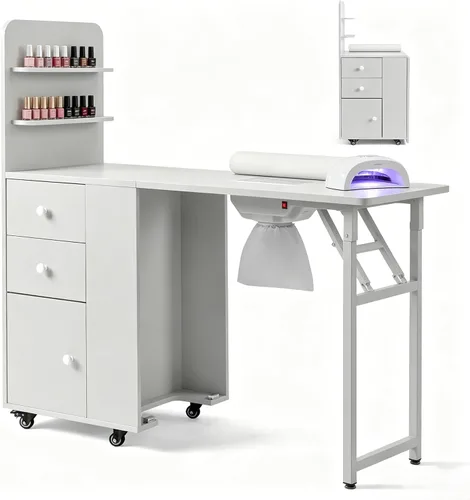 Vista 10 de Mesa de manicura plegable – Estación de escritorio plegable para uñas con ventilación eléctrica descendente, ruedas bloqueables, reposabrazos