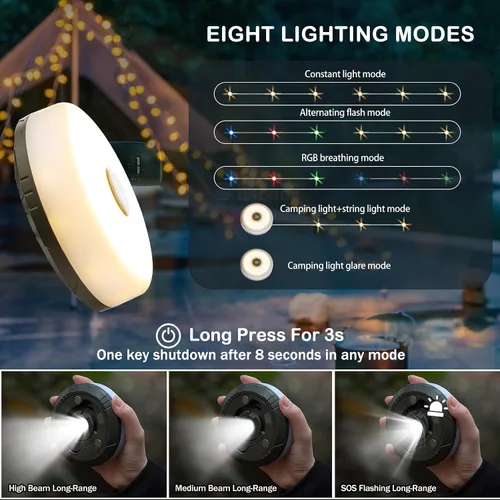 Vista 3 de Sutaig Guirnalda de luces de campamento, 4 en 1, linterna de campamento al aire libre con 8 modos de iluminación (32.8 pies), recuperación rápida