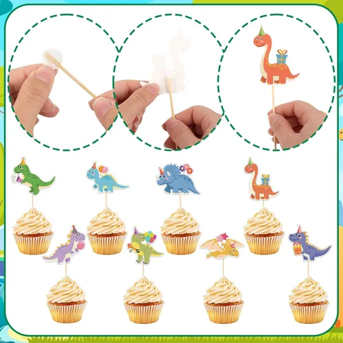 Vista 6 de 40 piezas de decoración de dinosaurios para cupcakes de cumpleaños de dinosaurios, decoraciones de pastel de dinosaurio para temática