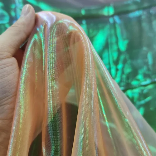Vista 24 de Tela de encaje de organza con gradiente láser arcoíris mágico, tela de gasa holográfica iridescente para vestido de novia, cortina, fondo, fiesta