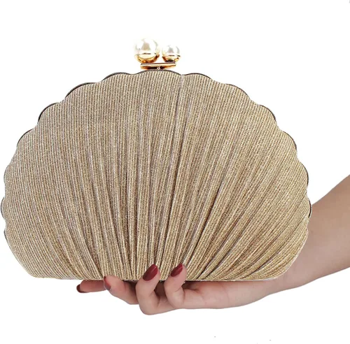 Vista 5 de Women Mini Pleated Seashell Evening Clutch Handbag Chain Strap Cross-body Bag