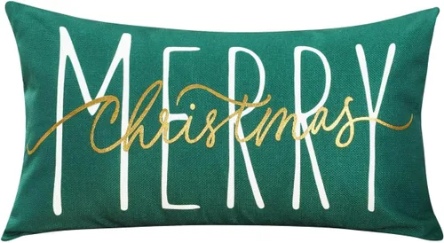 Vista 6 de ONWAY Funda de almohada de Navidad de 16 x 16 pulgadas, funda de almohada lumbar con texto en inglés "Merry Christmas", color rojo dorado