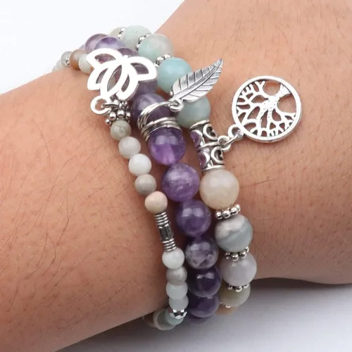 Vista 5 de UEUC - Pulseras Reiki, apilables, de piedras curativas, cristales, con dije del árbol de la vida, yoga y hoja de loto, contra la ansiedad