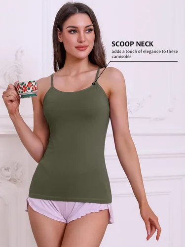 Vista 3 de ATTRACO Camisola de algodón con brasier de estante para mujer con tirantes de espagueti sin mangas #1 verde militar/negro
