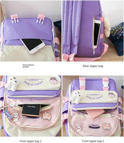 Vista 8 de MAVERY 5 piezas lindo Kawaii mochila conjunto de regreso a la escuela papelería bolsa mochila Tote adolescente bolsa portátil, Rosado (Pink 3)