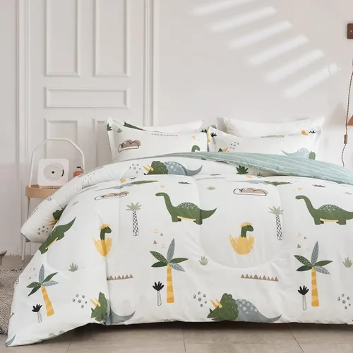 Vista 3 de Juego de edredón de algodón de dinosaurio para niños y niñas, edredón de algodón de 3 piezas, tamaño individual, diseño de dinosaurios verdes Dino