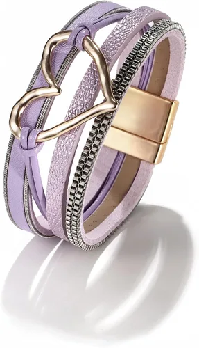 Vista 2 de Pulseras envolventes de cuero para mujer, pulseras negras, pulseras bohemias multicapa con cierre magnético, pulseras de corazón, joyas