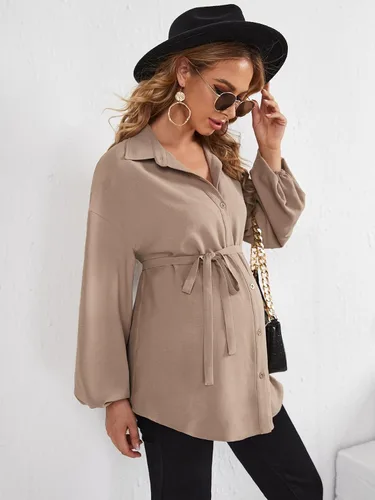 Vista 3 de MakeMeChic Women's Maternity Shirts Casual Lantern Sleeve Button Down Shirt Blouse with Belt