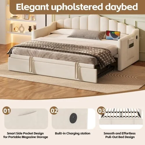 Vista 4 de Bellemave Sofá cama tapizado de tamaño individual con nido desplegable, marco de cama de día individual con puertos de carga USB y tipo C, sofá cama