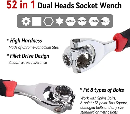 Vista 3 de Llave Universal 52 en 1 Llave de Vaso Herramienta de Llaves Multifunción con Cabezal Giratorio de 360°, Herramienta de Llave para Hogar y Reparación