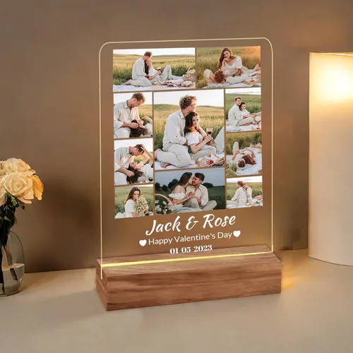 Vista 12 de Placa de acrílico con foto personalizada, regalos para aniversario, San Valentín, cumpleaños, luz nocturna LED personalizable, base de madera