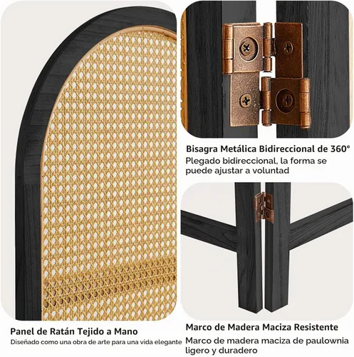 Vista 5 de Divisor de habitación de ratán tejido a mano, 3 paneles, panel divisor de habitación de madera de 5.9 pies de alto, pared divisora de pantalla de 3